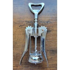 Silver Corkscrew Wine Bottle Opener w/Fins - Push Down - Used - Italy